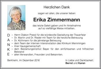Traueranzeige von Erika Zimmermann von Memminger Zeitung