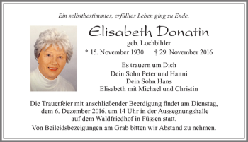 Traueranzeige von Elisabeth Donatin von Allgäuer Zeitung, Füssen