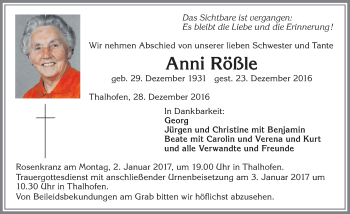 Traueranzeige von Anni Rößle von Allgäuer Zeitung, Marktoberdorf