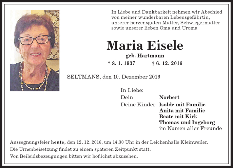  Traueranzeige für Maria Eisele vom 10.12.2016 aus Allgäuer Anzeigeblatt