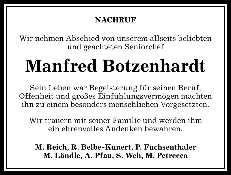  Traueranzeige für Manfred Botzenhardt vom 28.12.2016 aus Allgäuer Anzeigeblatt