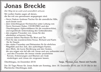 Traueranzeige von Jonas Breckle von Allgäuer Zeitung, Marktoberdorf