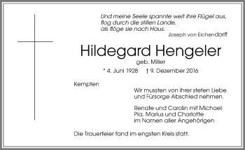 Traueranzeige von Hildegard Hengeler von Allgäuer Zeitung,Kempten