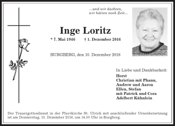 Traueranzeige von Inge Loritz von Allgäuer Anzeigeblatt