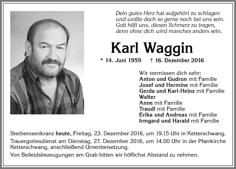  Traueranzeige für Karl Waggin vom 23.12.2016 aus Allgäuer Zeitung, Kaufbeuren/Buchloe