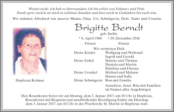 Traueranzeige von Brigitte Berndt von Allgäuer Zeitung, Füssen
