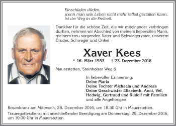 Traueranzeige von Xaver Kees von Allgäuer Zeitung, Kaufbeuren/Buchloe