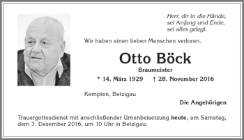 Traueranzeige von Otto Böck von Allgäuer Zeitung,Kempten