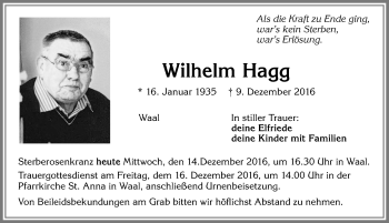 Traueranzeige von Wilhelm Hagg von Allgäuer Zeitung, Kaufbeuren/Buchloe