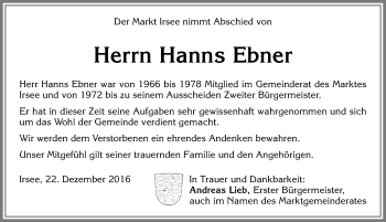 Traueranzeige von Hanns Ebner von Allgäuer Zeitung, Kaufbeuren/Buchloe