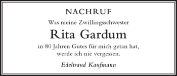 Traueranzeige von Rita Gardum von Der Westallgäuer