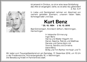 Traueranzeige von Kurt Benz von Memminger Zeitung