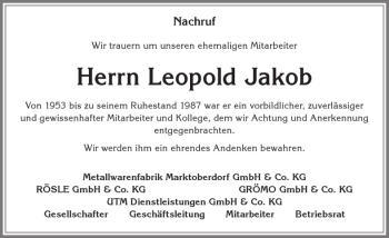 Traueranzeige von Leopold Jakob von Allgäuer Zeitung, Marktoberdorf