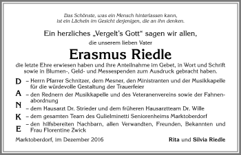 Traueranzeige von Erasmus Riedle von Allgäuer Zeitung, Marktoberdorf