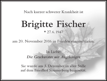 Traueranzeige von Brigitte Fischer von Der Westallgäuer