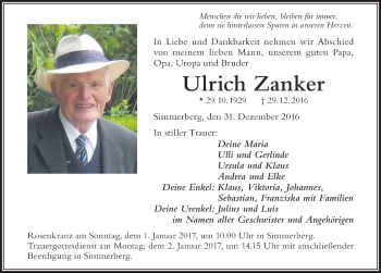 Traueranzeige von Ulrich Zanker von Der Westallgäuer