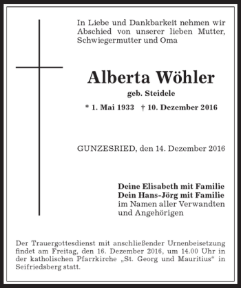Traueranzeige von Alberta Wöhler von Allgäuer Zeitung