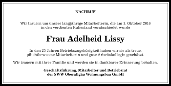Traueranzeige von Adelheid Lissy von Allgäuer Anzeigeblatt