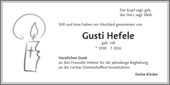Traueranzeige von Gusti Hefele von Memminger Zeitung