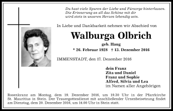 Traueranzeige von Walburga Olbrich von Allgäuer Anzeigeblatt