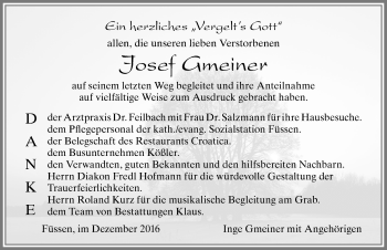 Traueranzeige von Josef Gmeiner von Allgäuer Zeitung, Füssen