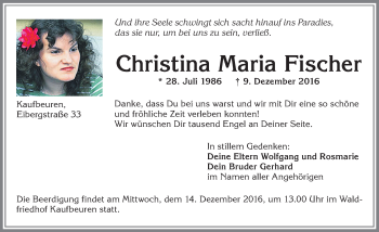 Traueranzeige von Christina Maria Fischer von Allgäuer Zeitung, Kaufbeuren/Buchloe