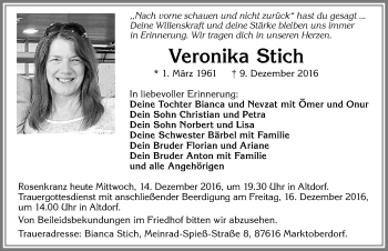 Traueranzeige von Veronika Stich von Allgäuer Zeitung