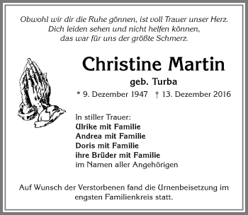 Traueranzeige von Christine Martin von Allgäuer Zeitung