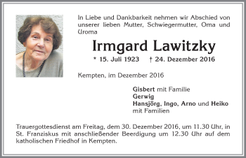 Traueranzeige von Irmgard Lawitzky von Allgäuer Zeitung,Kempten
