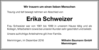 Traueranzeige von Erika Schweizer von Memminger Zeitung