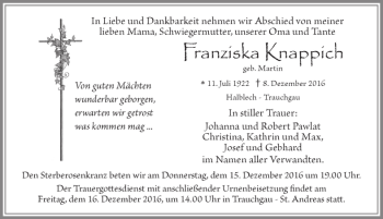 Traueranzeige von Franziska Kanppich von Allgäuer Zeitung, Füssen