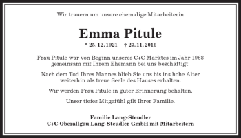 Traueranzeige von Emma Pitule von Allgäuer Anzeigeblatt