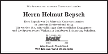 Traueranzeige von Helmut Repsch von Allgäuer Zeitung