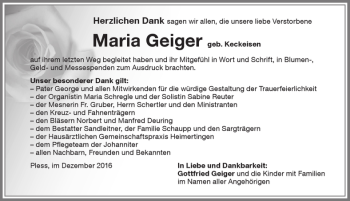 Traueranzeige von Maria Geiger von Memminger Zeitung