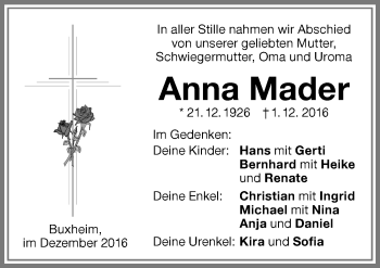Traueranzeige von Anna Mader von Memminger Zeitung