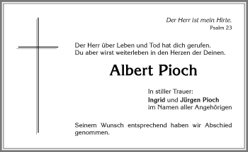 Traueranzeige von Albert Pioch von Allgäuer Zeitung,Kempten