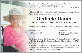 Traueranzeige von Gerlinde Daum von Allgäuer Zeitung, Marktoberdorf