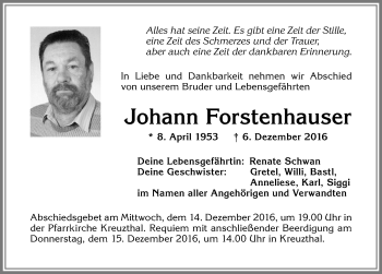 Traueranzeige von Johann Forstenhauser von Allgäuer Zeitung,Kempten