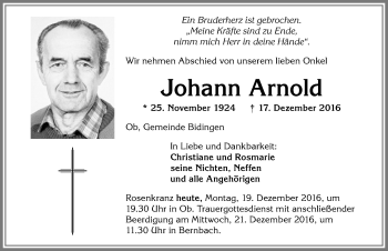 Traueranzeige von Johann Arnold von Allgäuer Zeitung, Marktoberdorf