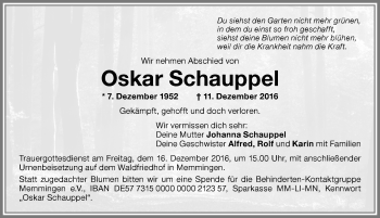 Traueranzeige von Oskar Schauppel von Memminger Zeitung