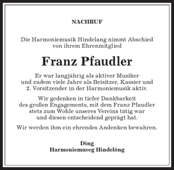 Traueranzeige von Franz Pfaudler von Allgäuer Anzeigeblatt