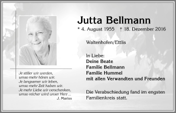 Traueranzeige von Jutta Bellmann von Allgäuer Zeitung,Kempten