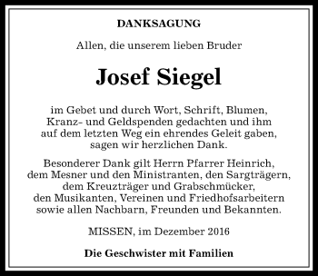 Traueranzeige von Josef Siegel von Allgäuer Anzeigeblatt