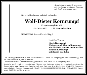 Traueranzeige von Wolf-Dieter Kornrumpf von Allgäuer Zeitung