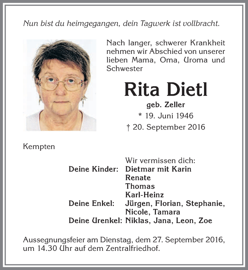  Traueranzeige für Rita Dietl vom 24.09.2016 aus Allgäuer Zeitung