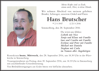 Traueranzeige von Hans Brutscher von Allgäuer Zeitung