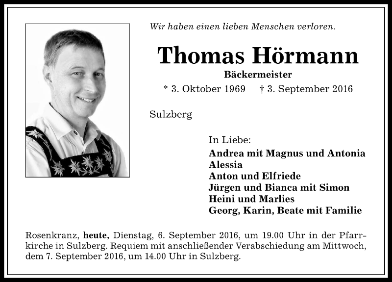  Traueranzeige für Thomas Hörmann vom 06.09.2016 aus Allgäuer Zeitung