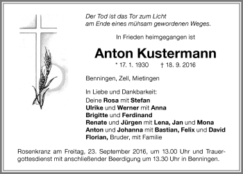 Traueranzeige von Anton Kustermann von Allgäuer Zeitung