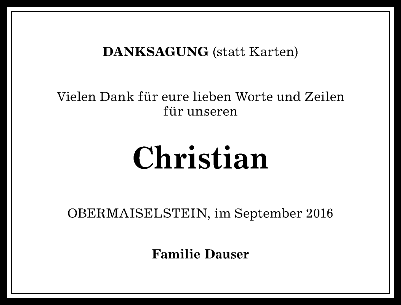  Traueranzeige für Christian Dauser vom 03.09.2016 aus Allgäuer Zeitung