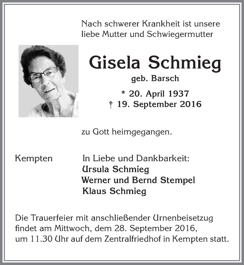  Traueranzeige für Gisela Schmieg vom 24.09.2016 aus Allgäuer Zeitung